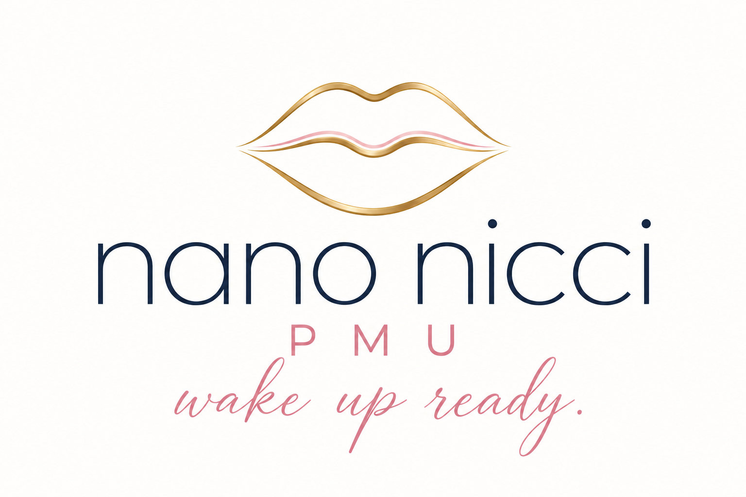 Nano Nicci PMU gold lips logo and wake up ready tagline